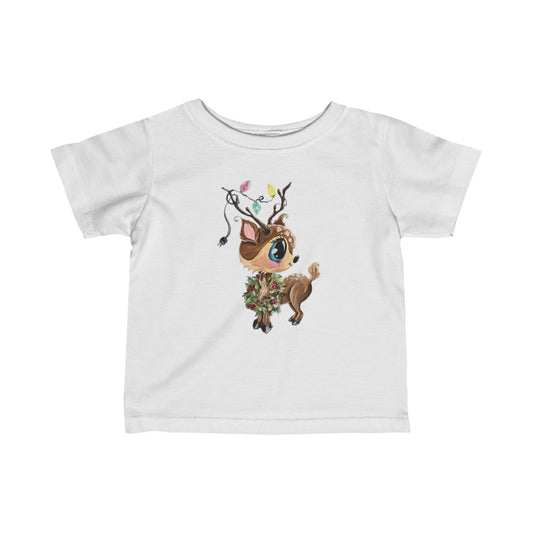 Reindeer Infant Tee, Christmas Shirt for Baby, Cute Reindeer, Holiday Light Strand Playful Deer