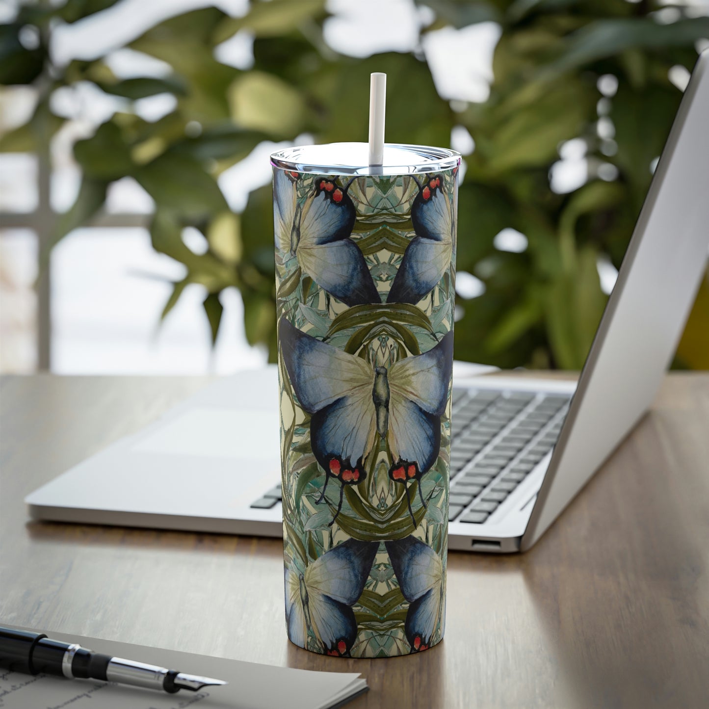 Tropical Blue Butterfly Skinny Steel Tumbler with Straw, 20oz