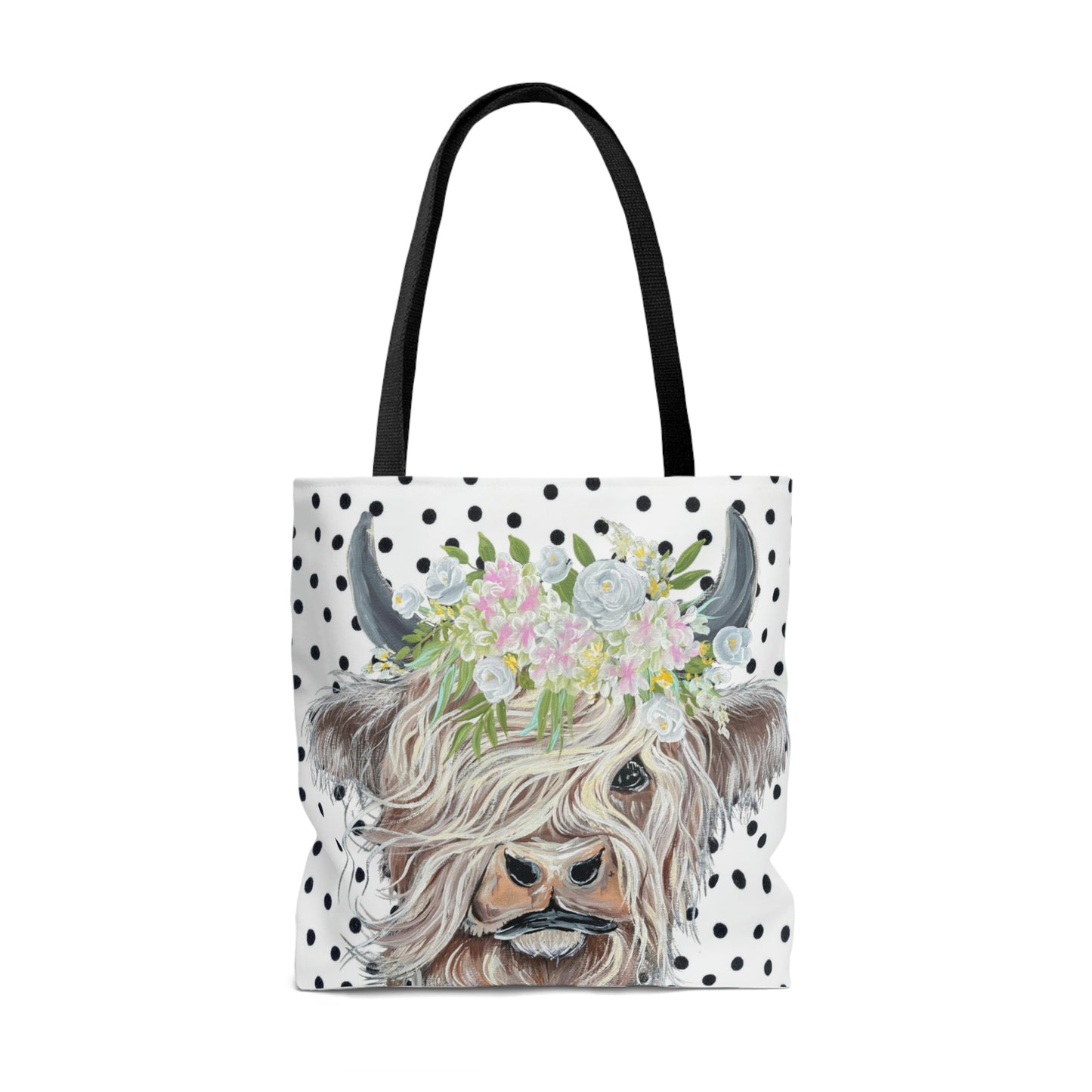 Copy of Highland Cow Tote Bag Black and white polka dot background reusable shopping gym nursury bag