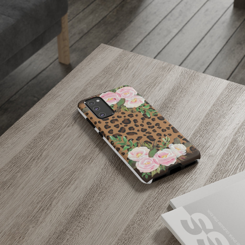 Cell  Phone -Tough Cases- Leopard print with pink flowers- origianl artwork