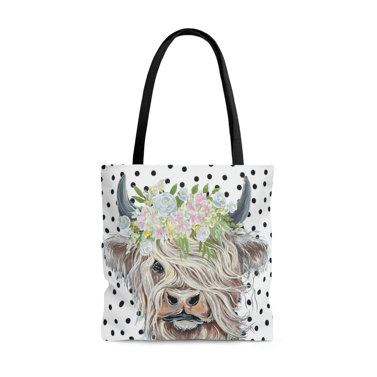 Copy of Highland Cow Tote Bag Black and white polka dot background reusable shopping gym nursury bag