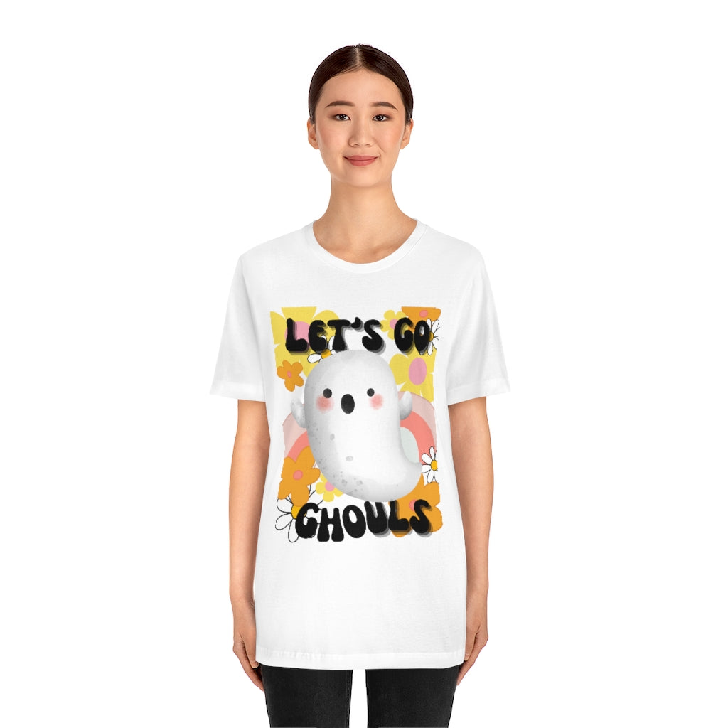 Retro vibes Lets Go Gouls with cute vintagee ghost, Groovy florals and bohemian vibe family Halloween shirts, Unisex Jersey Short Sleeve Tee