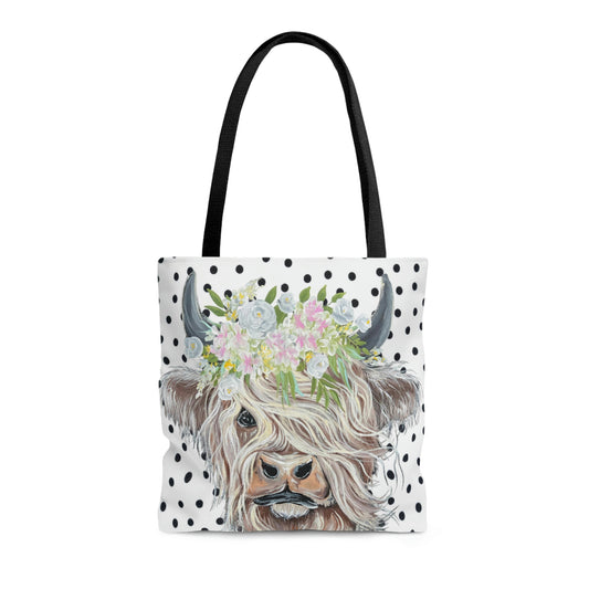 Copy of Highland Cow Tote Bag Black and white polka dot background reusable shopping gym nursury bag