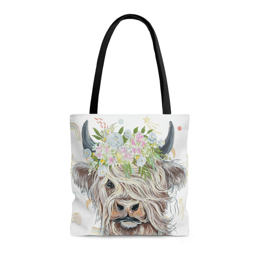 Highland Cow Tote Bag with Boho Rainbow background