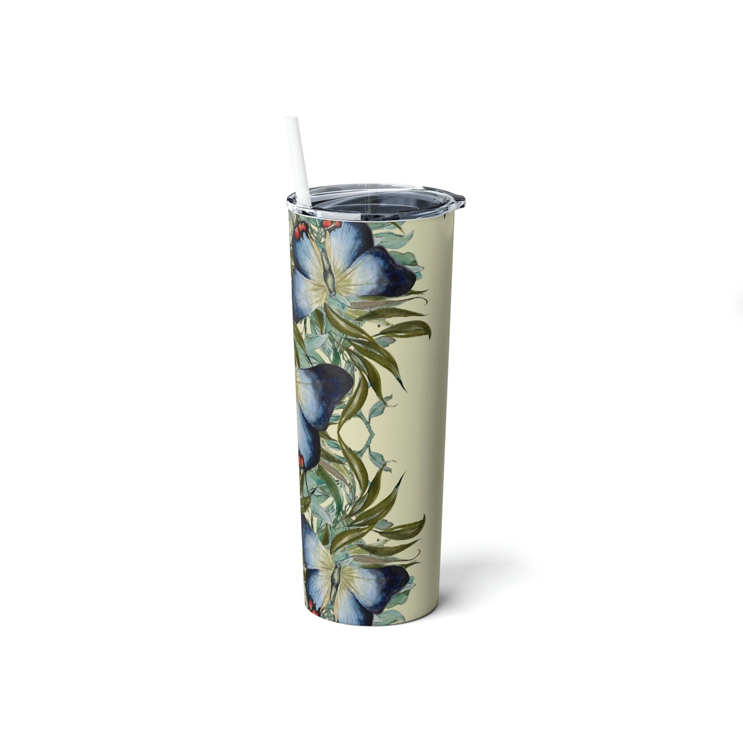 Tropical Blue Butterfly Skinny Steel Tumbler with Straw, 20oz