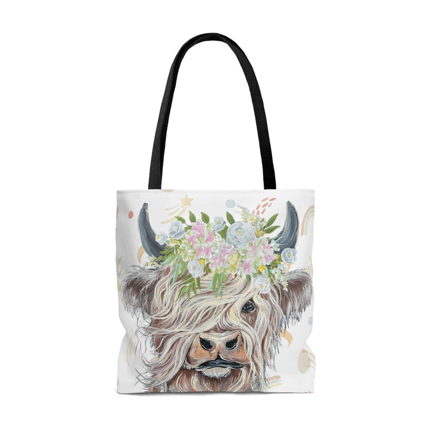 Highland Cow Tote Bag with Boho Rainbow background