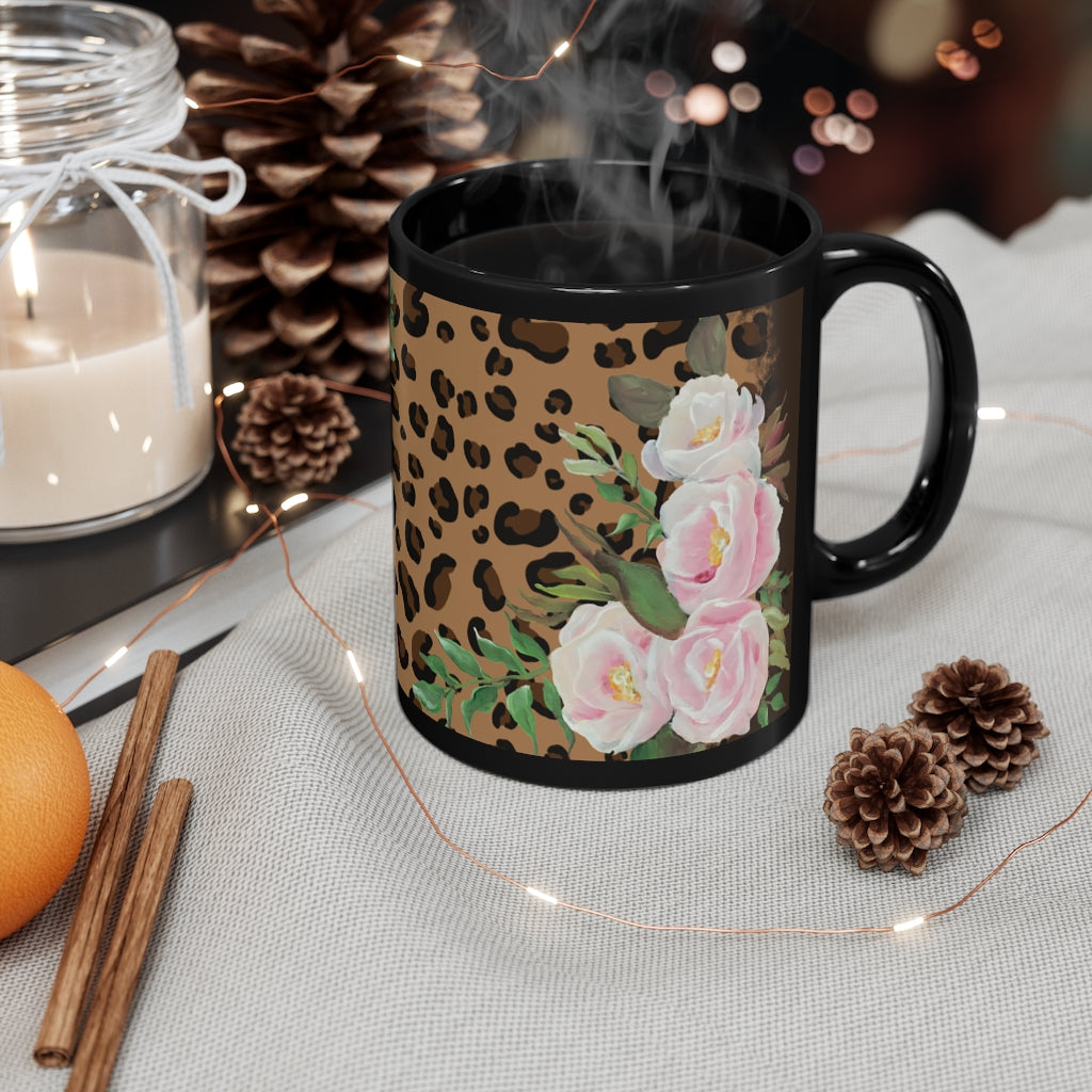 Cheetah print with pink florals 11oz Black Mug