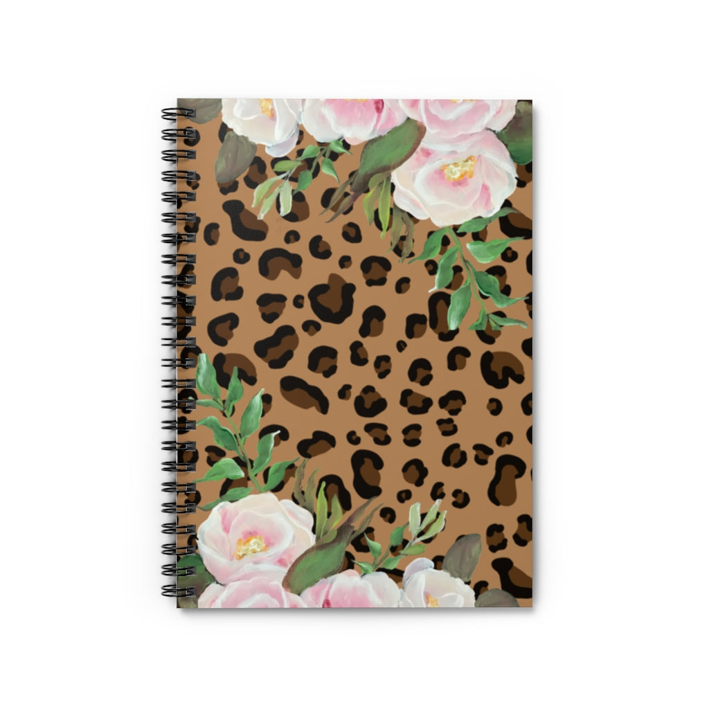 Lepard Print with Pink florals - Spiral Notebook - Ruled Line