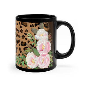 Cheetah print with pink florals 11oz Black Mug