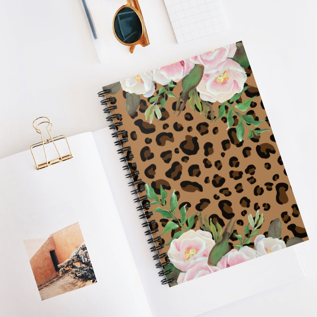 Lepard Print with Pink florals - Spiral Notebook - Ruled Line