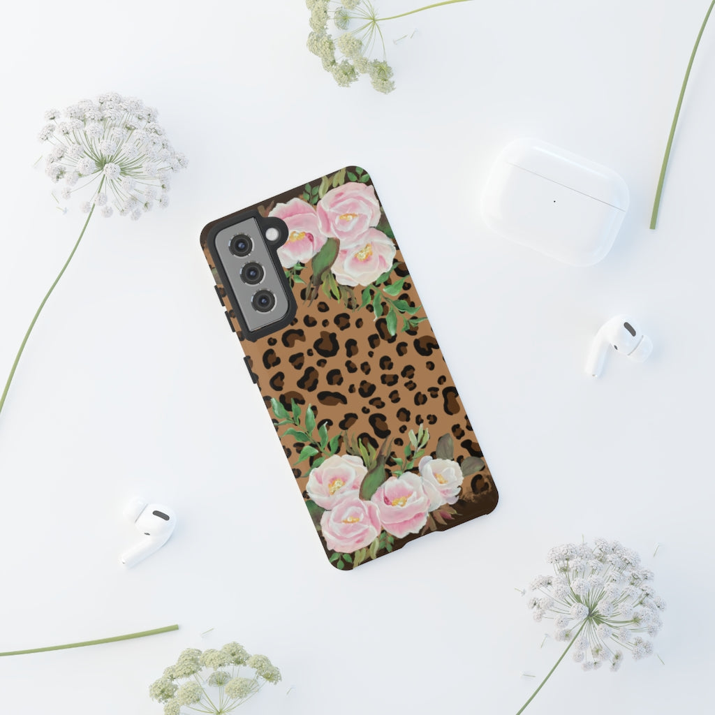 Cell  Phone -Tough Cases- Leopard print with pink flowers- origianl artwork