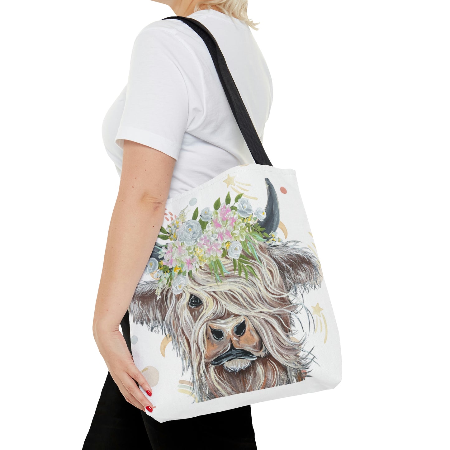 Highland Cow Tote Bag with Boho Rainbow background