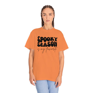spooky season is my favorite, retro wave lettering, vintage text, spooky season tee, Unisex Garment-Dyed T-shirt
