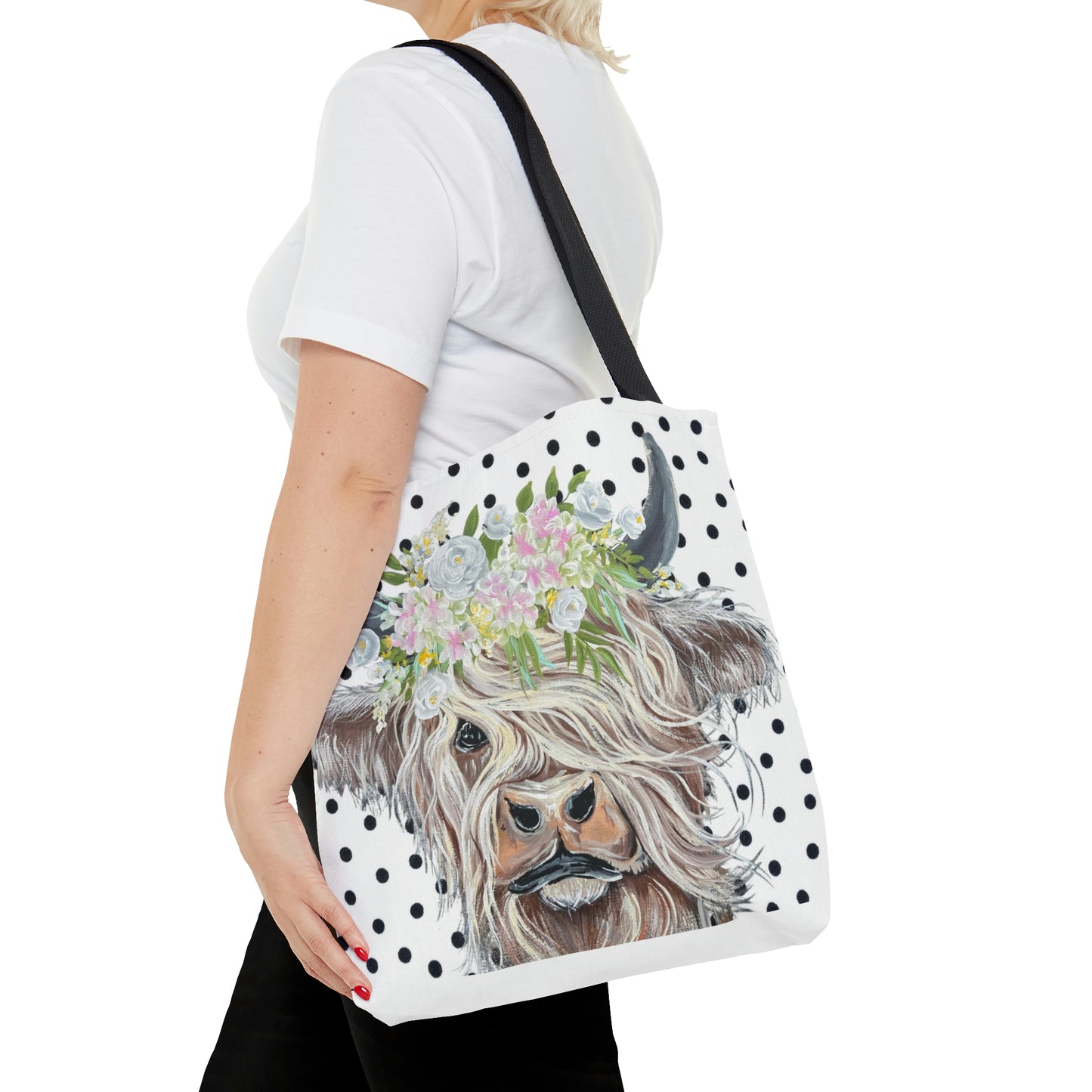 Copy of Highland Cow Tote Bag Black and white polka dot background reusable shopping gym nursury bag