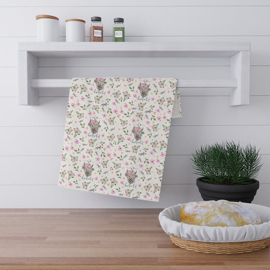 No Bullsh*t Highland Cow pink Floral Kitchen Towel