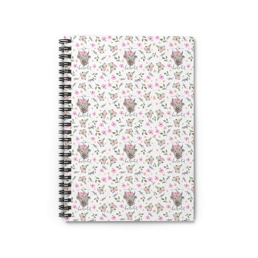 No Bullshit Spiral Notebook - Ruled Line- pink florals, highland cow