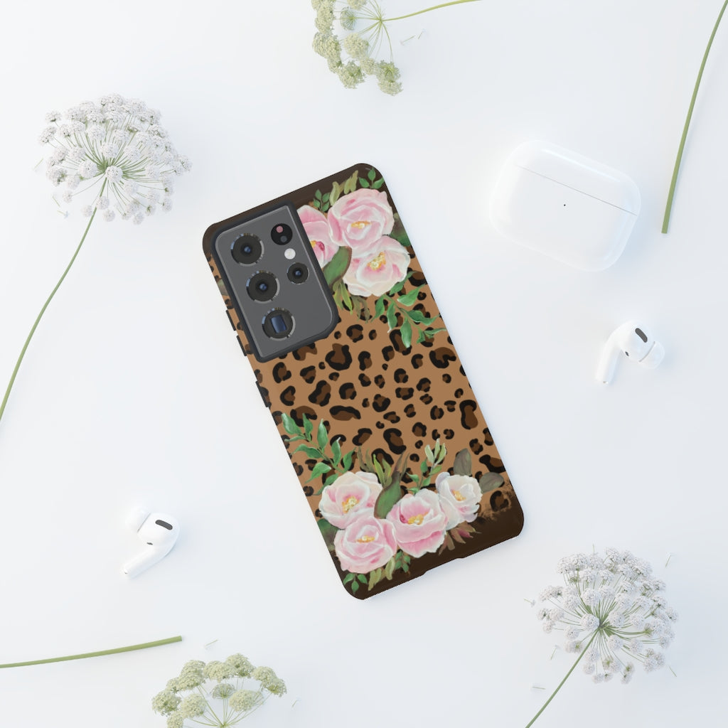 Cell  Phone -Tough Cases- Leopard print with pink flowers- origianl artwork