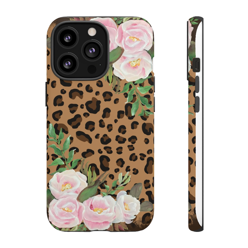 Cell  Phone -Tough Cases- Leopard print with pink flowers- origianl artwork