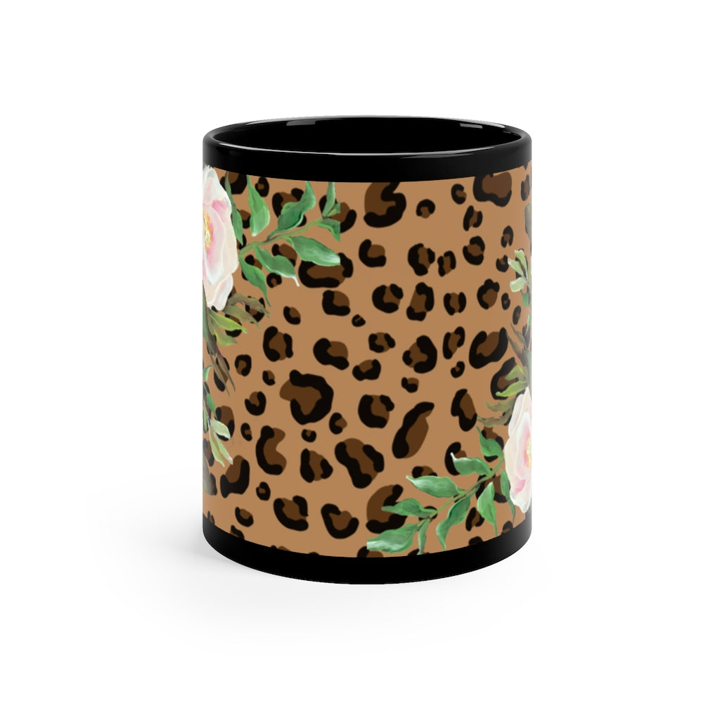 Cheetah print with pink florals 11oz Black Mug