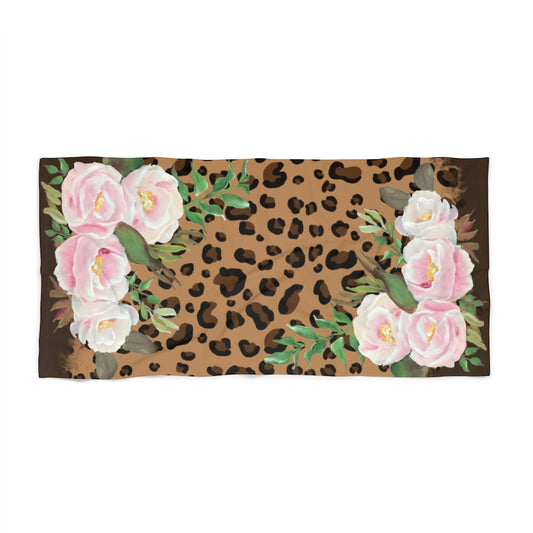 Leopard Print Brown Beach Towel with Original Artwork Pink Florals - Exclusive