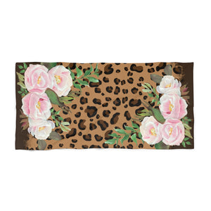 Leopard Print Brown Beach Towel with Original Artwork Pink Florals - Exclusive