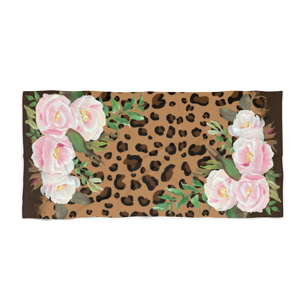 Leopard Print Brown Beach Towel with Original Artwork Pink Florals - Exclusive
