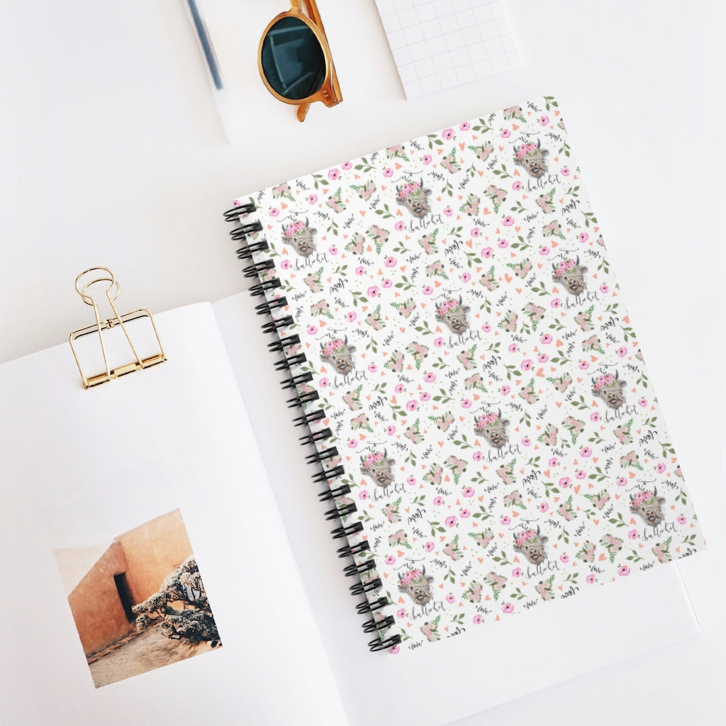 No Bullshit Spiral Notebook - Ruled Line- pink florals, highland cow