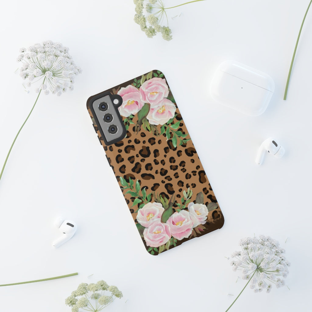 Cell  Phone -Tough Cases- Leopard print with pink flowers- origianl artwork