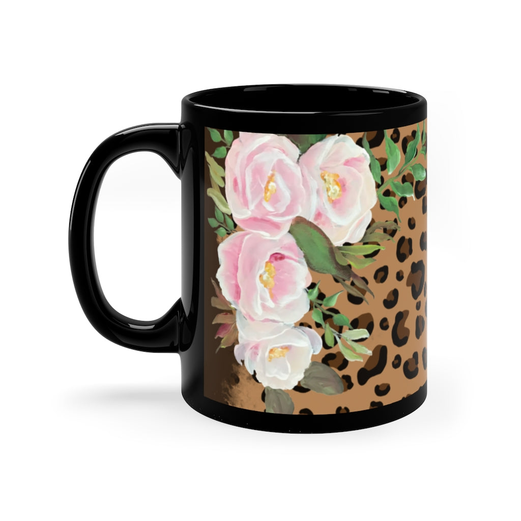 Cheetah print with pink florals 11oz Black Mug