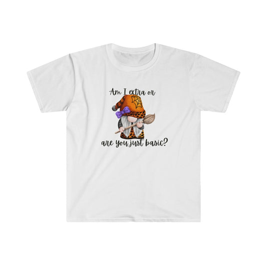 Halloween Gnome, Orange, purple,  Am I extra or are you just basic? Snarky humor, Unisex Softstyle T-Shirt