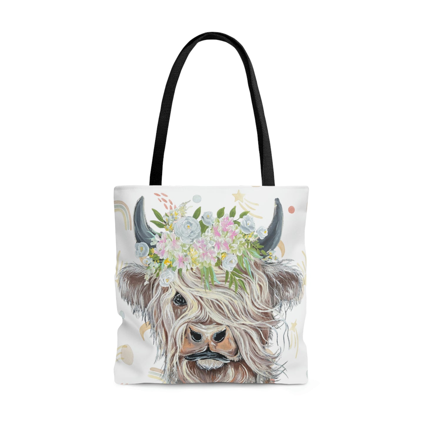 Highland Cow Tote Bag with Boho Rainbow background