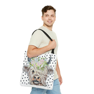 Copy of Highland Cow Tote Bag Black and white polka dot background reusable shopping gym nursury bag