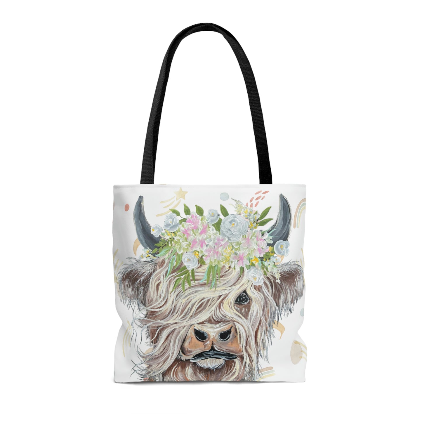 Highland Cow Tote Bag with Boho Rainbow background