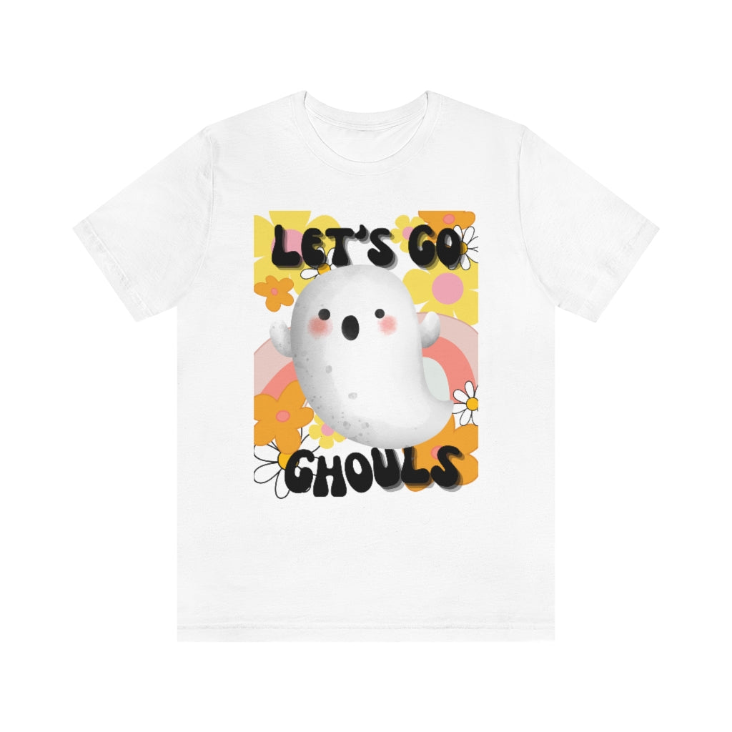 Retro vibes Lets Go Gouls with cute vintagee ghost, Groovy florals and bohemian vibe family Halloween shirts, Unisex Jersey Short Sleeve Tee