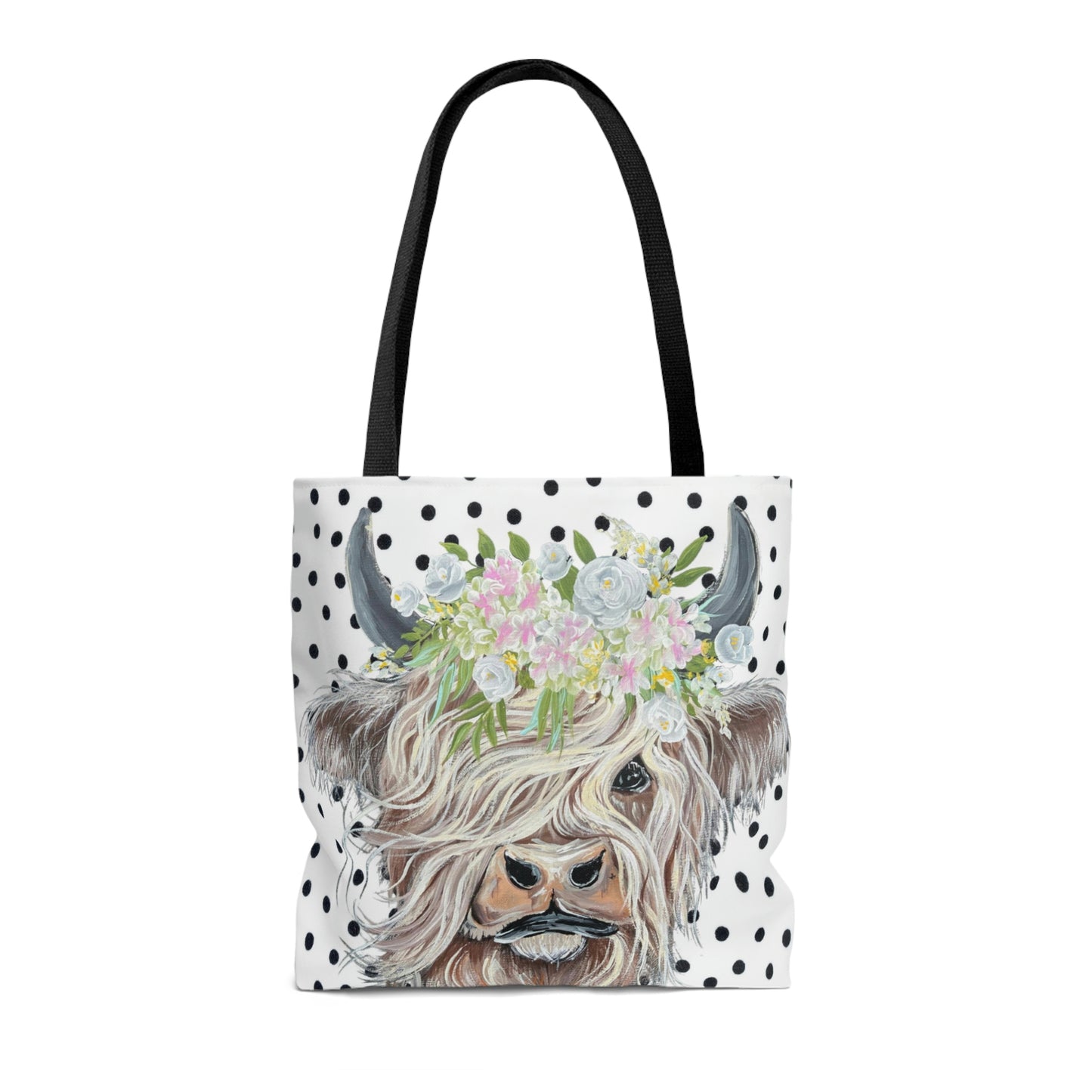 Copy of Highland Cow Tote Bag Black and white polka dot background reusable shopping gym nursury bag