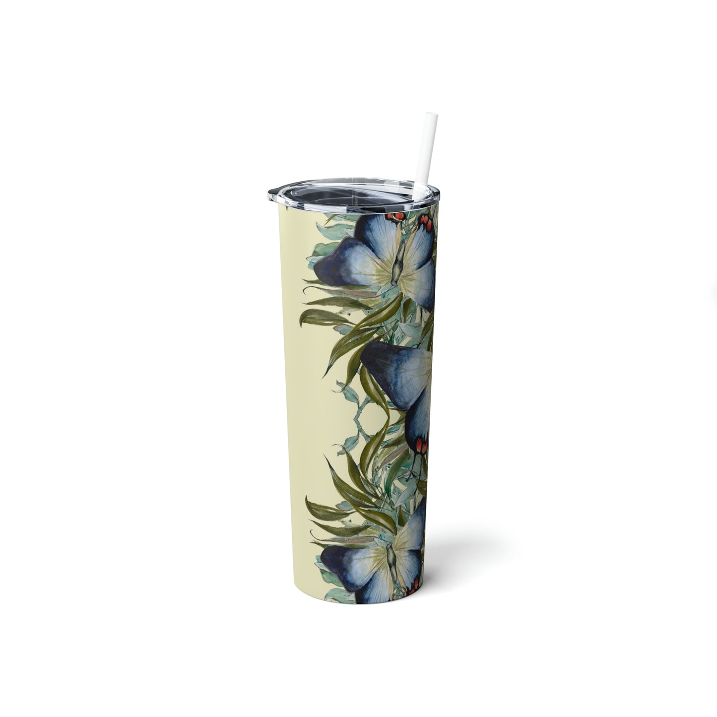 Tropical Blue Butterfly Skinny Steel Tumbler with Straw, 20oz