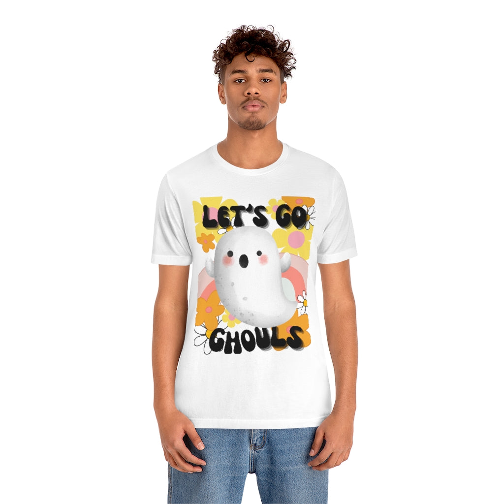 Retro vibes Lets Go Gouls with cute vintagee ghost, Groovy florals and bohemian vibe family Halloween shirts, Unisex Jersey Short Sleeve Tee