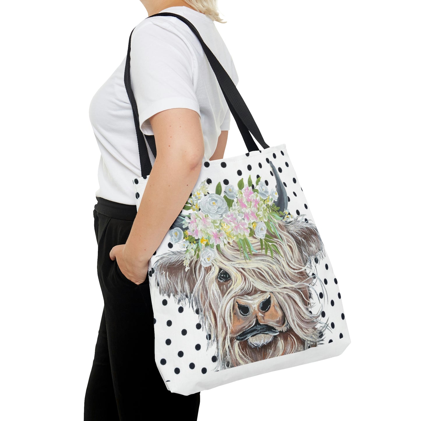 Copy of Highland Cow Tote Bag Black and white polka dot background reusable shopping gym nursury bag