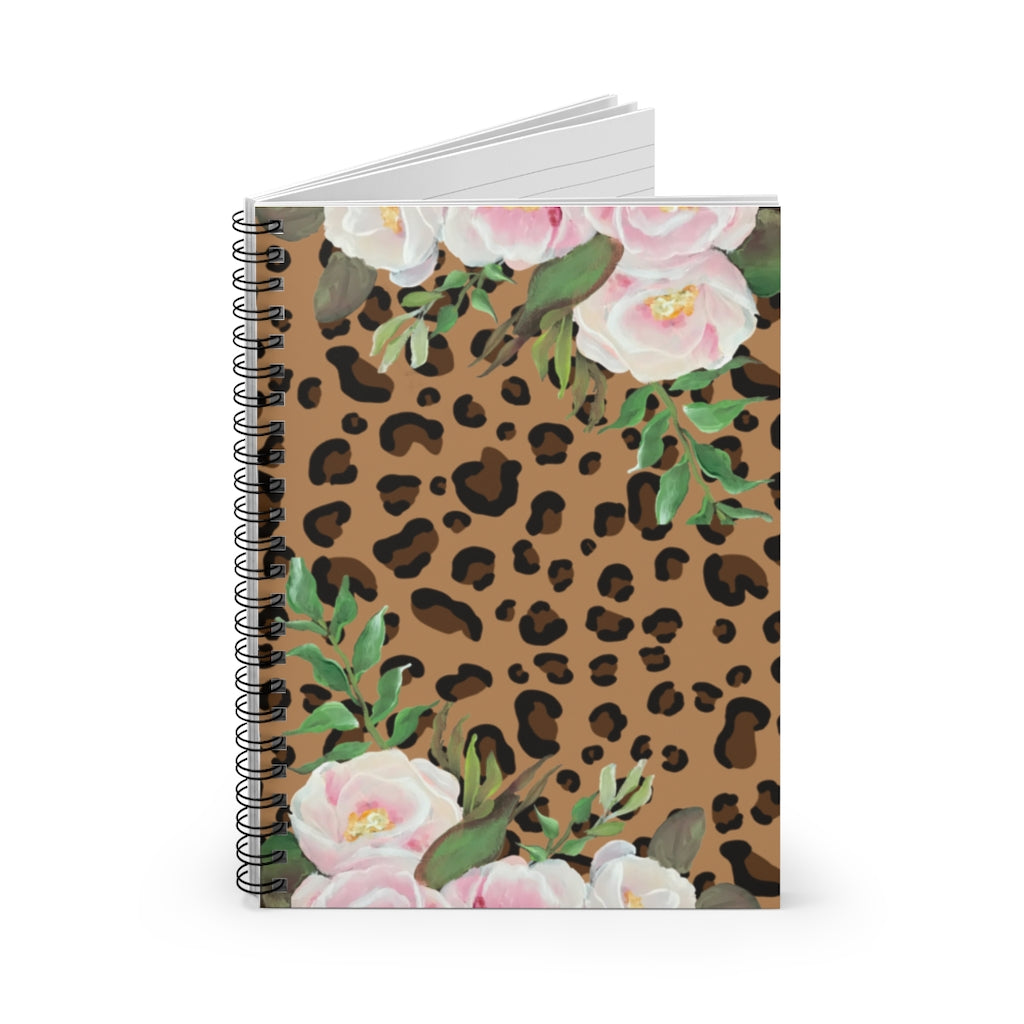 Lepard Print with Pink florals - Spiral Notebook - Ruled Line