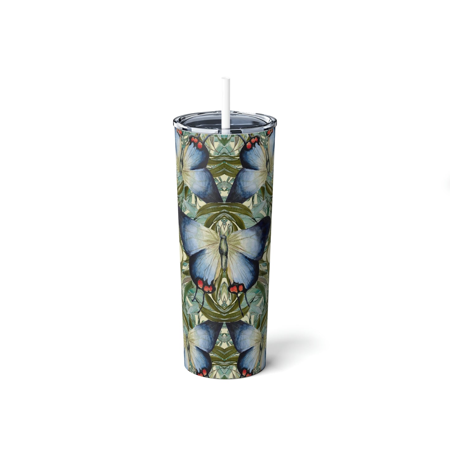 Tropical Blue Butterfly Skinny Steel Tumbler with Straw, 20oz