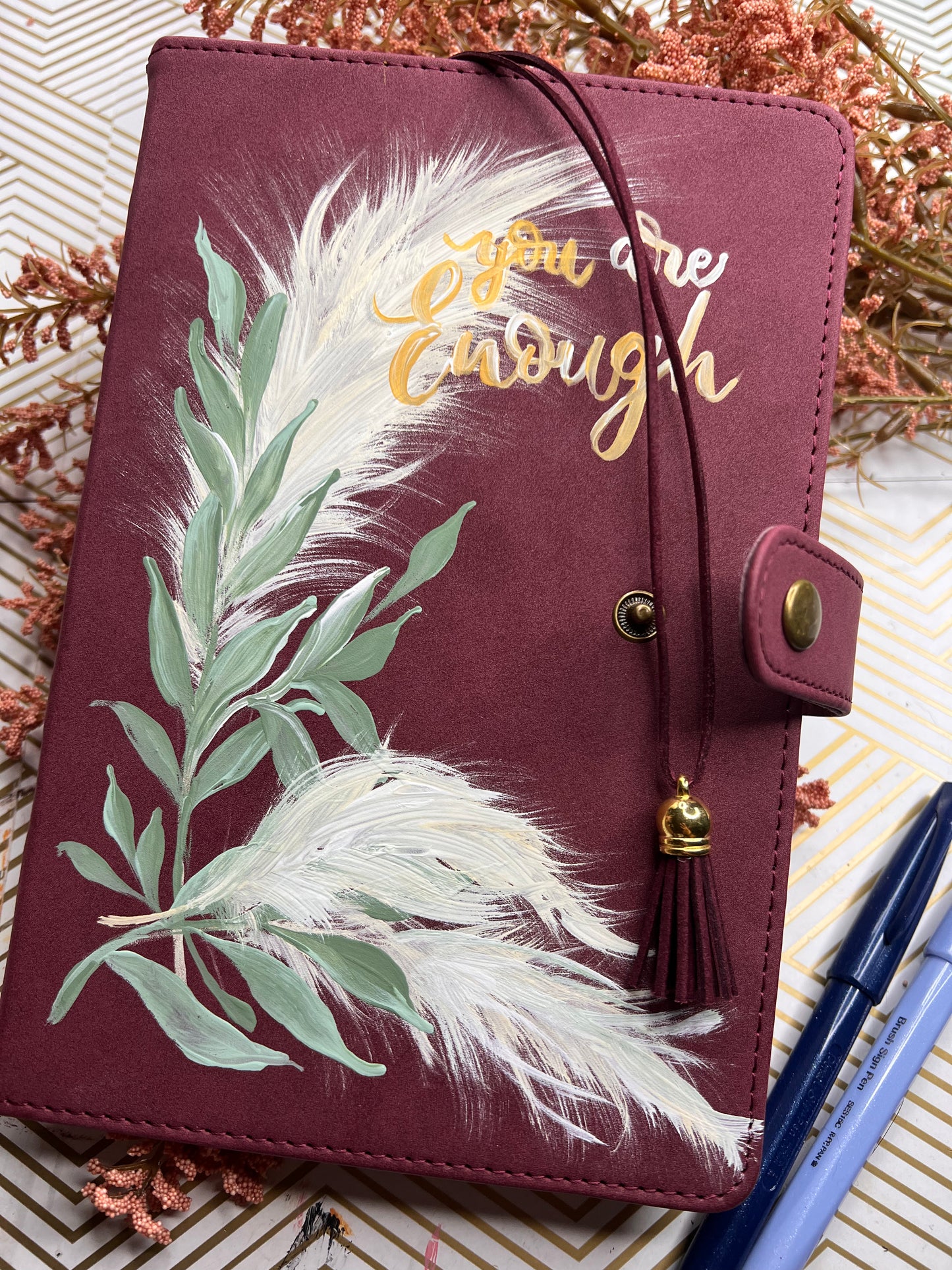 Journaling Notebook hand-painted with pampas grass & leaves, boho mauve botanical inspired lined paper notebook