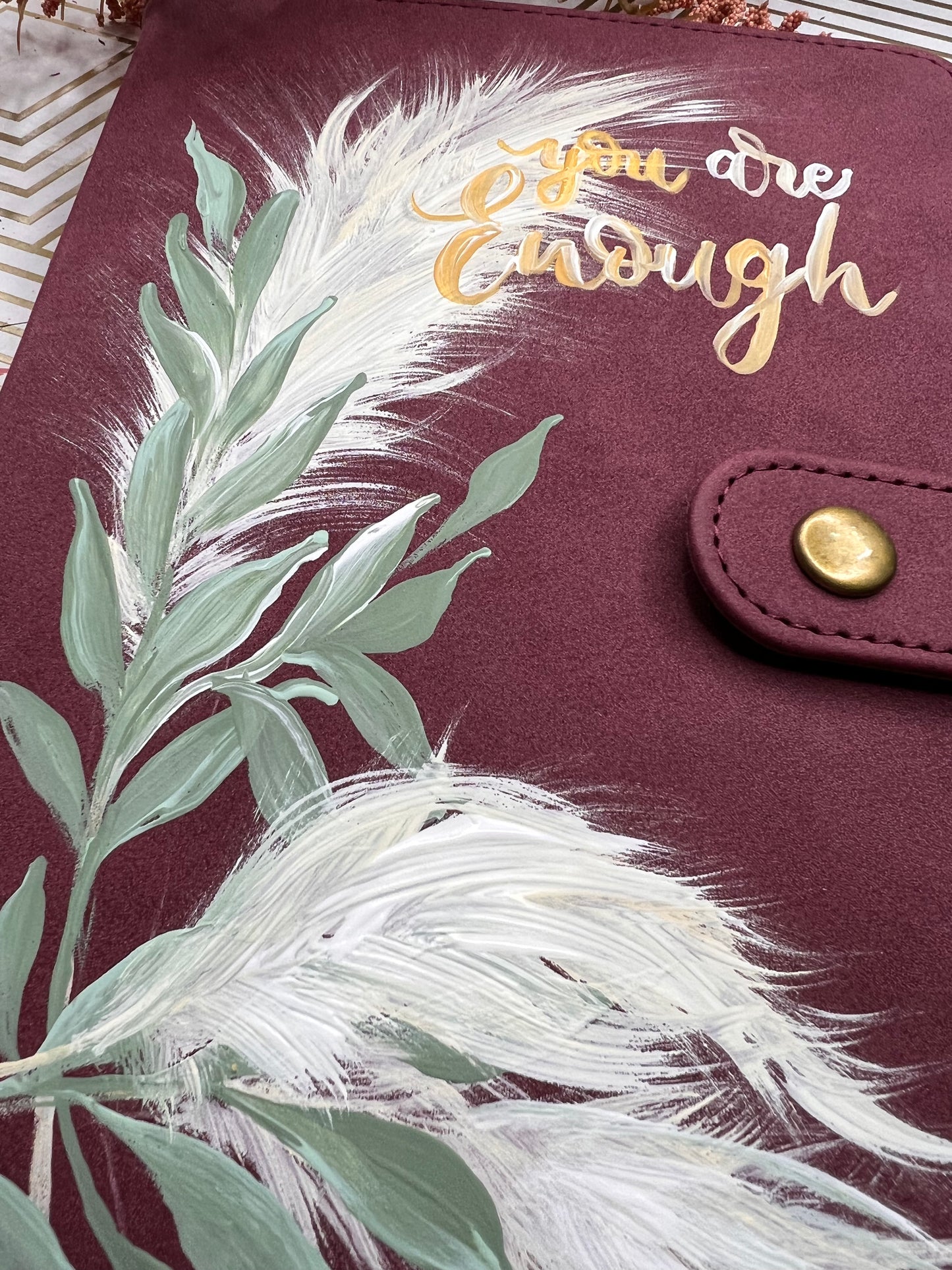 Journaling Notebook hand-painted with pampas grass & leaves, boho mauve botanical inspired lined paper notebook