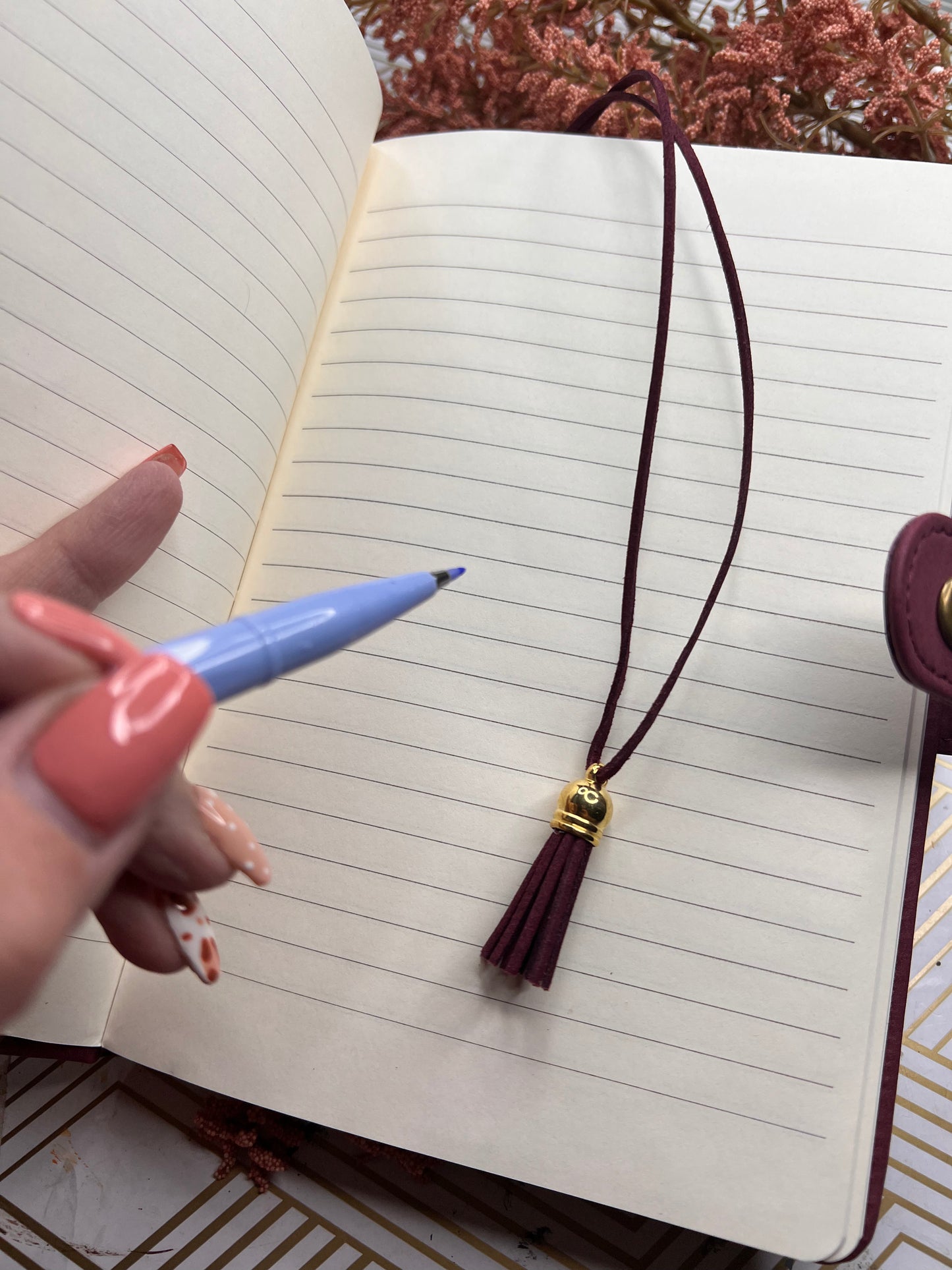 Journaling Notebook hand-painted with pampas grass & leaves, boho mauve botanical inspired lined paper notebook