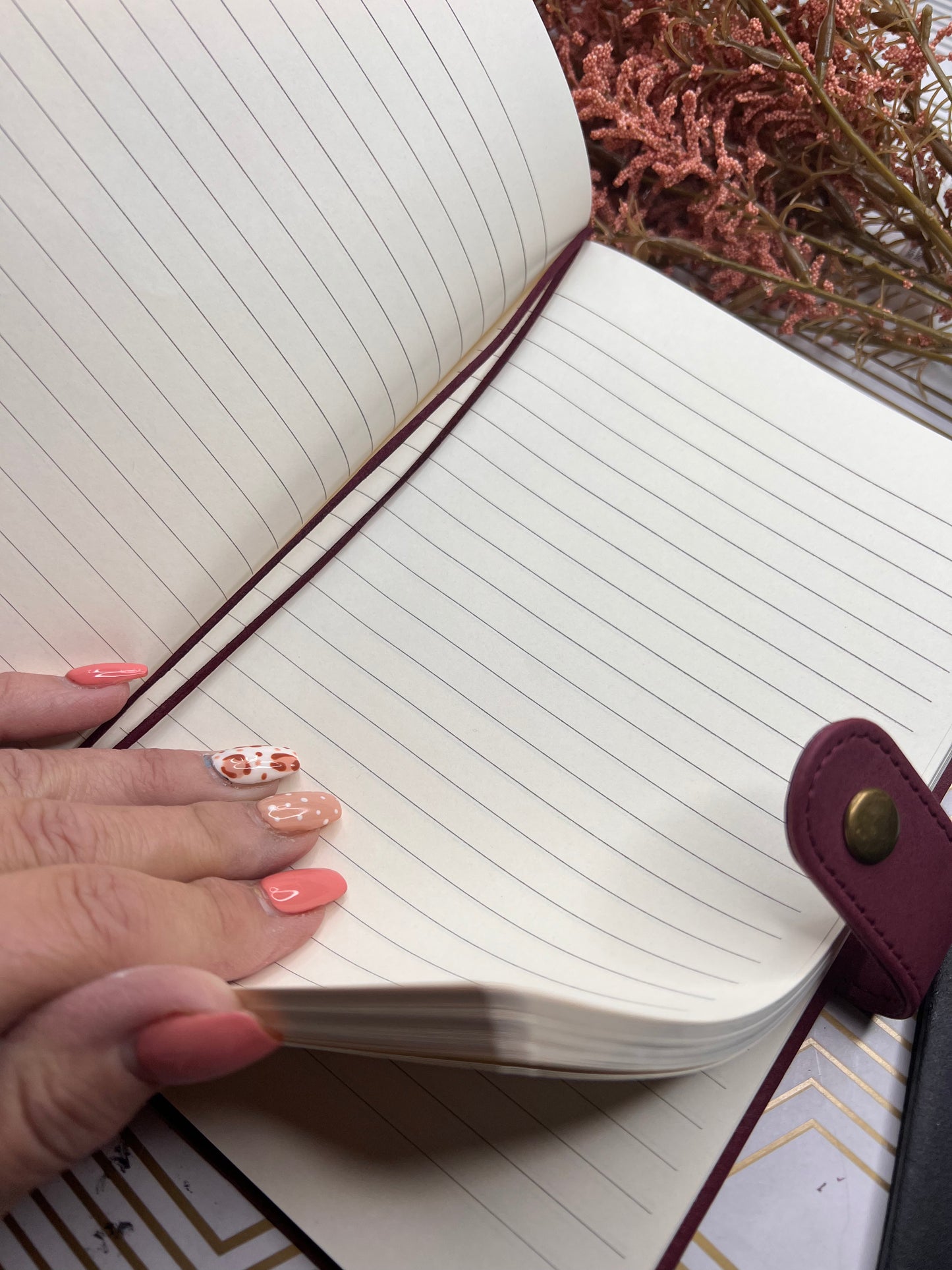 Journaling Notebook hand-painted with pampas grass & leaves, boho mauve botanical inspired lined paper notebook