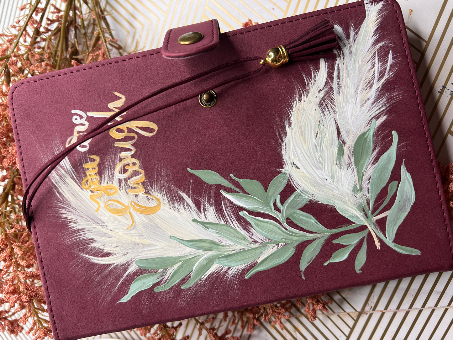 Journaling Notebook hand-painted with pampas grass & leaves, boho mauve botanical inspired lined paper notebook