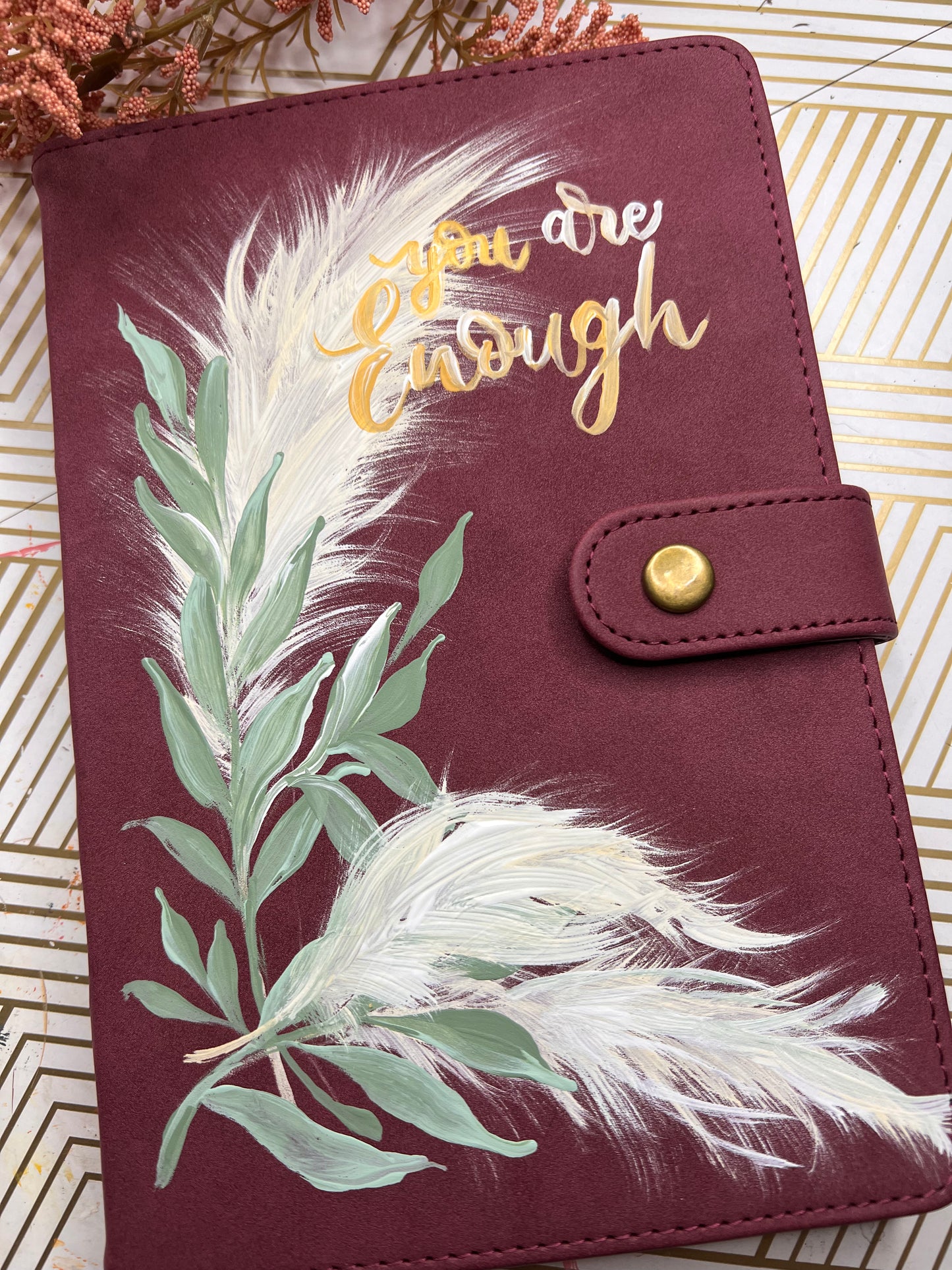 Journaling Notebook hand-painted with pampas grass & leaves, boho mauve botanical inspired lined paper notebook