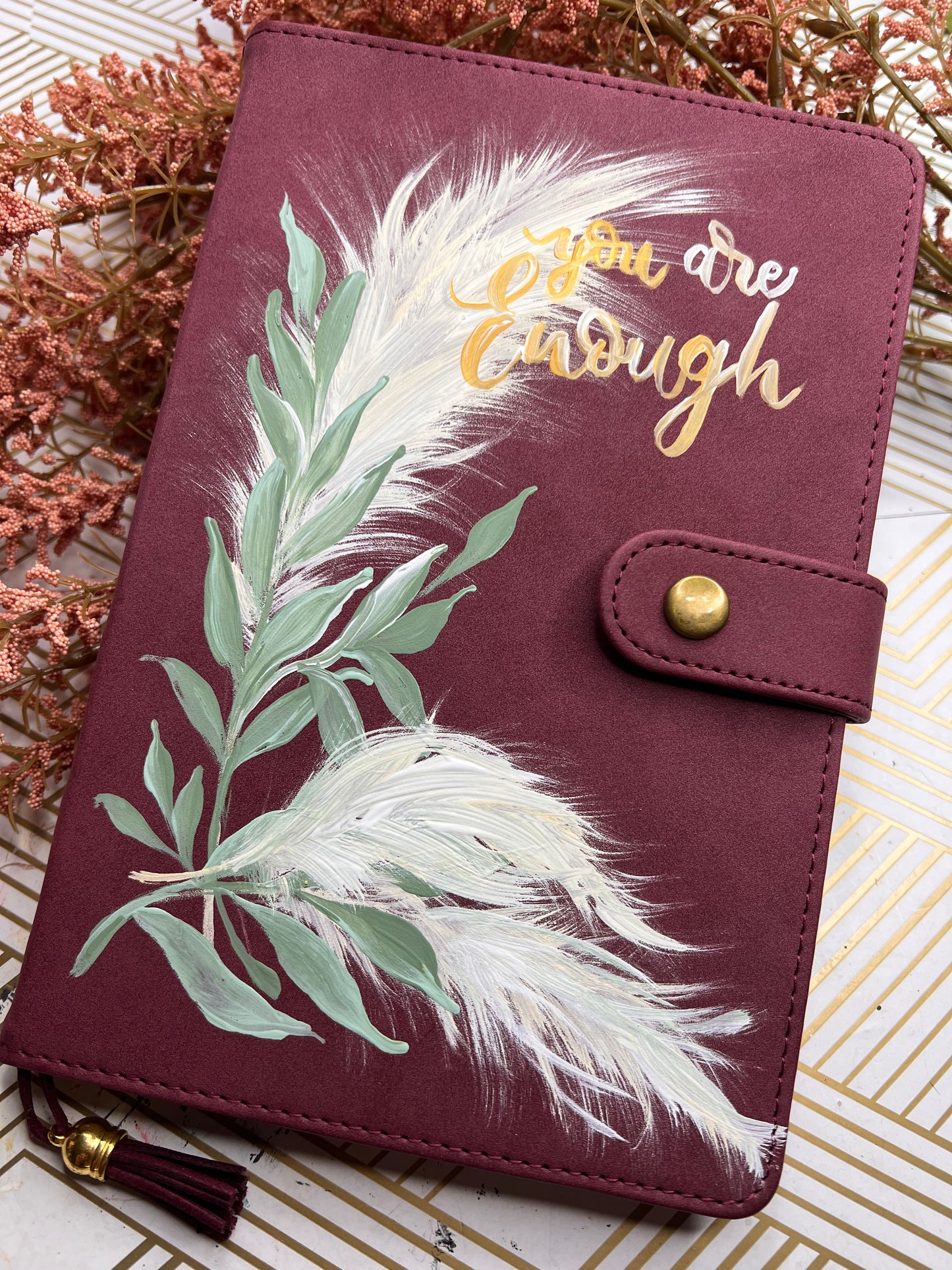 Journaling Notebook hand-painted with pampas grass & leaves, boho mauve botanical inspired lined paper notebook